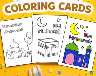 Carte da colorare per l'Eid Mubarak, attività per bambini musulmani (confezione da 3)