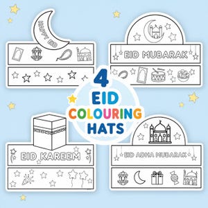 May include: Four Eid coloring hats with various designs, including a crescent moon, mosque, and stars. The hats feature the phrases "Happy Eid," "Eid Mubarak," "Eid Kareem," and "Eid Adha Mubarak."