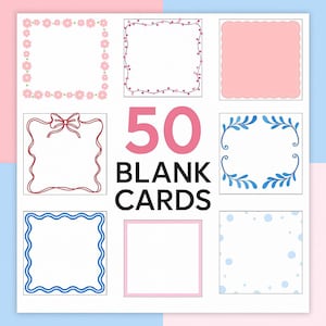 Puede incluir: Un juego de 50 tarjetas en blanco con varios bordes decorativos en rosa, rojo y azul. Las tarjetas tienen diseños florales, de lazo y ondulados. El texto "50 BLANK CARDS" se muestra en letras rosas grandes.