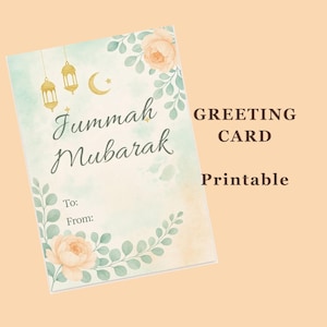 Cartão de felicitações de Jummah Mubarak | Cartão islâmico para impressão | Cartão floral | Presente muçulmano para crianças e adultos | Cartão floral