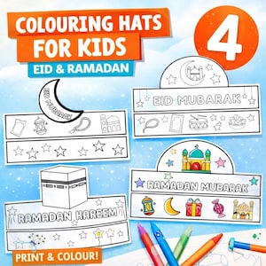 子供向けイード・ムバラクぬりえ帽子、ラマダン・ムバラクぬりえ帽子、DIYパーティークラフト（印刷可能）
