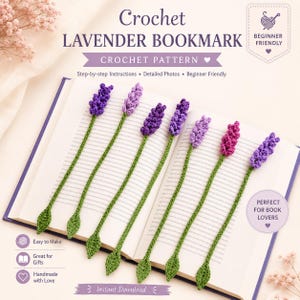 Puede incluir: Seis marcapáginas de ganchillo con forma de lavanda, con tallos y hojas verdes, sobre un libro abierto. El texto dice Crochet Lavender Bookmark, Crochet Pattern, Beginner Friendly, Step-by-step Instructions y Instant Download.