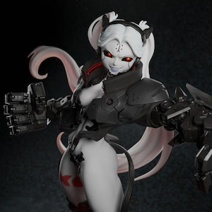 May include: A detailed figurine of a female character with white hair, red eyes, and a cyborg-like appearance. She wears a black armored outfit with mechanical arm enhancements. The figure has a dynamic pose, suggesting action.