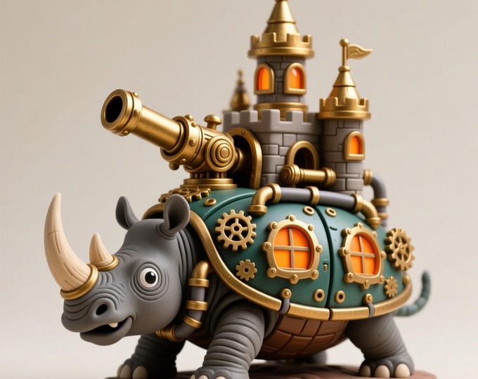 Steampunk Rhino Fortress STL – Fantasy Armored Castle Beast Model for 3D Printing, Whimsical Collectible
