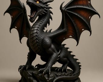 May include: A black dragon statue with open mouth, sharp teeth, and outstretched wings. The dragon has orange eyes and is perched on a dark, textured base. The wings have a reddish-brown interior.