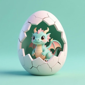 Op de afbeelding: Een schattig, cartoonachtig drakenfiguur met turkooizen schubben, roze accenten en een vriendelijke uitdrukking, genesteld in een gebarsten witte eierschaal. De draak heeft kleine hoorns en vleugels. De achtergrond is lichtblauwgroen.