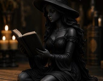 Estátua de Bruxa Sombria Lendo um Livro, Decoração Gótica Fantástica, Estatueta de Bruxa para Prateleira, Escultura de Feiticeira Mágica Impressa em 3D