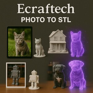 Może przedstawiać: Obraz z tekstem "Ecrafttech PHOTO TO STL". Przedstawia tablet z zdjęciem kota, statuetką kota, modelem domu, modelem robota i modelami ps&oacute;w. Obraz demonstruje modelowanie 3D, z niekt&oacute;rymi modelami podświetlonymi na fioletowo.