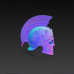 May include: A vibrant, stylized illustration of a Roman helmet in shades of purple, blue, and teal. The helmet features intricate details, including a crest, decorative elements, and a face guard. The design is set against a dark, textured background.