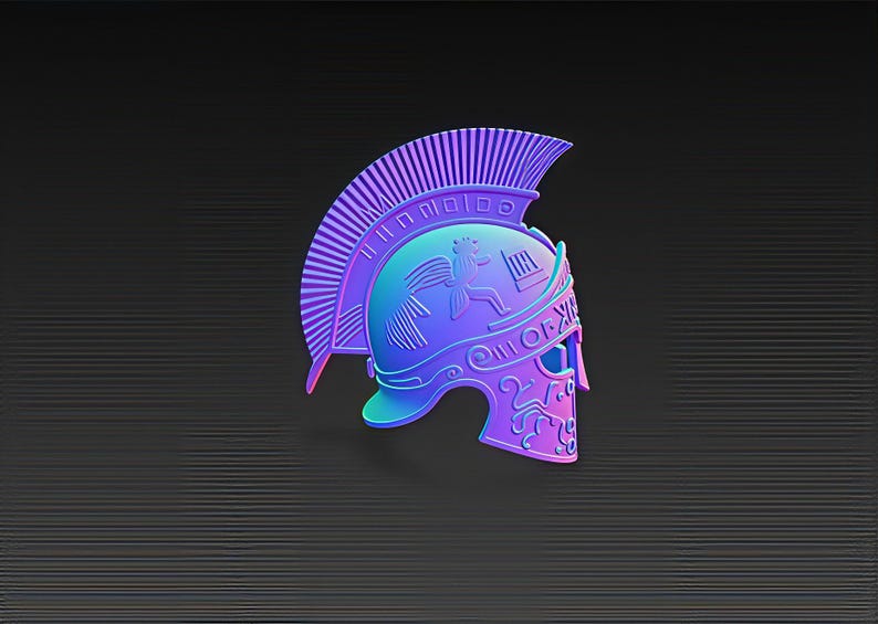 May include: A vibrant, stylized illustration of a Roman helmet in shades of purple, blue, and teal. The helmet features intricate details, including a crest, decorative elements, and a face guard. The design is set against a dark, textured background.