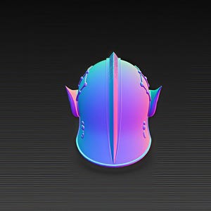 May include: A digitally rendered helmet in shades of blue, purple, and pink, with a central vertical ridge and decorative side elements. The helmet has a smooth, reflective surface and is set against a dark gray, textured background.