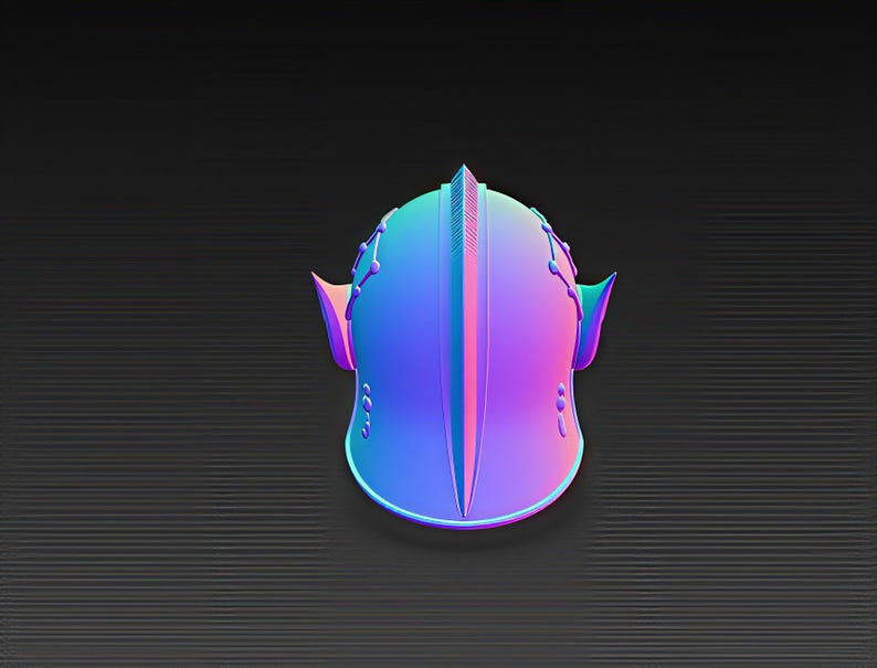 May include: A digitally rendered helmet in shades of blue, purple, and pink, with a central vertical ridge and decorative side elements. The helmet has a smooth, reflective surface and is set against a dark gray, textured background.