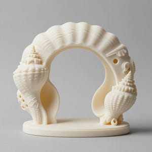 May include: Off-white seashell arch sculpture. The sculpture features a large, arched design with detailed seashell carvings. The base is round, and the arch is supported by two large seashell shapes. The overall design is intricate and decorative.