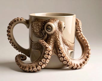 May include: A beige ceramic mug featuring a detailed octopus design. The octopus wraps around the mug, with tentacles forming the handle. The mug has a smooth, glossy finish.