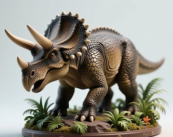 May include: A detailed figurine of a Triceratops dinosaur, featuring a brown and tan color scheme. The sculpture has three prominent horns and a frill, with a textured skin effect. It is set on a base with green plants and a brown border.