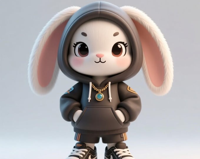 3D Printable Kawaii Urban Bunny Figurine: Hoodie & Sneakers (STL File)
