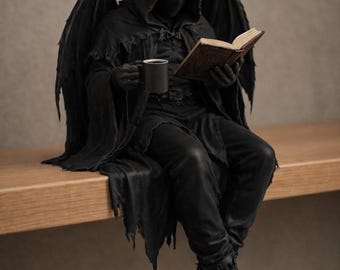 Figura de Demônio Alado Negro, Estatueta Gótica de Diabo Lendo, Decoração Fantástica Impressa em 3D, Estátua Colecionável para Prateleira