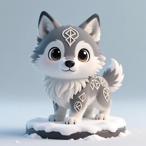 May include: A charming, cartoon-style wolf figurine with gray and white fur, adorned with decorative symbols. The wolf has large brown eyes and is standing on a snowy platform. The figurine has a friendly expression.