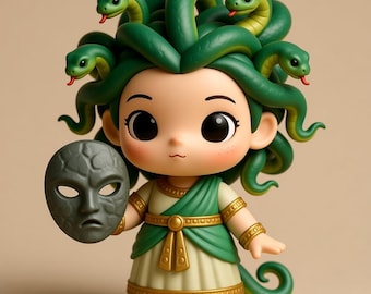 May include: A figurine of Medusa, a mythological figure, with green snakes for hair and holding a gray mask. She wears a green and gold dress. The figurine has a cartoonish design with large eyes and a neutral expression.