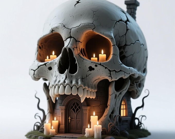 3D Printable Spooky Skull Candle House STL: Gothic Halloween Decor