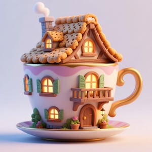 May include: A whimsical teacup house with a cookie-like roof, windows, and a door. The teacup is white with pink accents and a gold handle. The house has a chimney with smoke, and sits on a matching saucer. A charming decorative item.