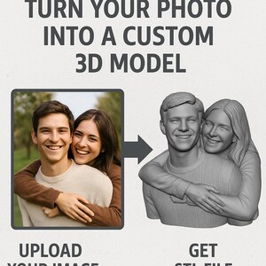 Może przedstawiać: Grafika promocyjna usług modelowania 3D. Obraz przedstawia zdjęcie pary przekształcone w model 3D. Tekst brzmi: "Zmień swoje zdjęcie w niestandardowy model 3D". Instrukcje: "Prześlij swoje zdjęcie" i "Pobierz plik STL".