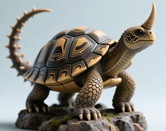 May include: A detailed sculpture of a turtle-like creature with a horn, spiky tail, and patterned shell. The sculpture is primarily brown and tan, with a textured appearance, and is posed on a rocky base with moss.