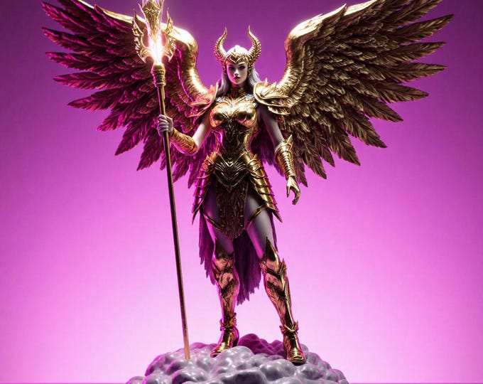 Golden Winged Goddess STL • 3D Printable Female Warrior with Spear & Armor Statue