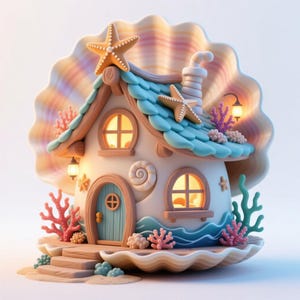 May include: A charming cartoon seashell house with a blue roof adorned with starfish. The house has round, glowing windows and a teal door. Coral and seaweed decorations enhance the underwater theme, creating a whimsical design.