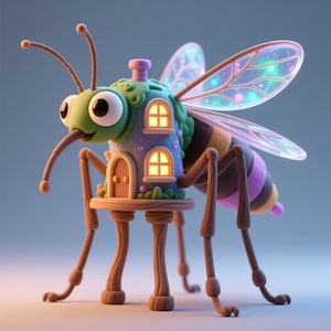 May include: A whimsical, cartoon-style insect with a house-shaped body. The insect has large eyes, a long proboscis, and translucent wings with colorful lights. The house features a door, windows, and a chimney. The insect's legs are brown, and the body is a mix of green, purple, and yellow.