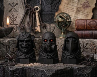 Conjunto de busto de caveira de fantasia sombria, samurai com máscara de gás, médico da peste, decoração gótica, estátua preta impressa em 3D para decoração de prateleira.