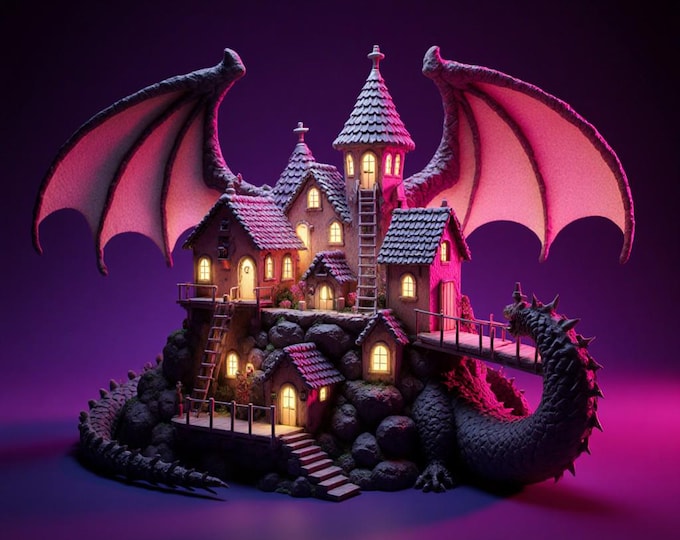 Dragon Village STL – Fantasy Diorama with Dragon Wings | 3D Printable Model by ECRAFTECH