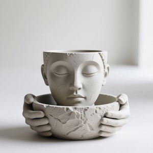 May include: A white, ceramic planter shaped like a serene face with closed eyes. The head-shaped planter sits inside a bowl held by two hands, creating a unique and artistic design. The surface has a textured, cracked appearance.