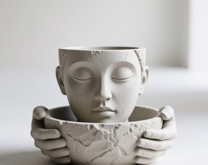 3D Print Face Planter STL | Hands Holding Bowl Pot, Modern Sculpture (Digital Download)