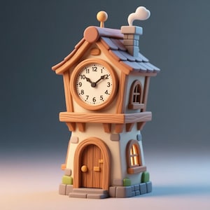 Può includere: Una stravagante statuetta a forma di torre dell'orologio con un quadrante rotondo, una porta di legno e un camino con una nuvola di fumo. L'orologio segna le 10:10. La torre è dipinta nei toni del beige, marrone e blu.
