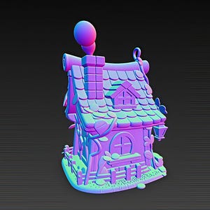 K&ouml;nnte beinhalten: Ein skurriles, 3D-gerendertes Miniaturhaus in Lila-, Blau- und Gr&uuml;nt&ouml;nen. Das Haus hat einen Schornstein mit Rauch, ein Schindeldach, ein kleines Fenster und einen Zaun. Dekorative Elemente sind Blumen und eine Laterne.