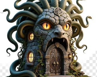 Peut inclure: Une structure fantastique en pierre en forme de tête de Méduse, avec des serpents en guise de cheveux et des yeux jaunes brillants. Le bâtiment a une porte en bois, de petites fenêtres et est orné de plantes grimpantes. Un design unique et fantaisiste.