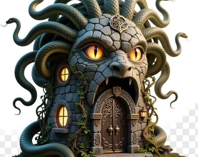 Medusa House STL File: 3D Printable Serpent Temple Model