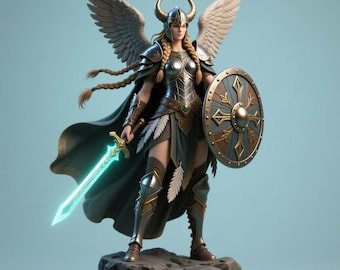 May include: A detailed figurine of a winged warrior, clad in silver and gold armor, holding a glowing sword and a round shield. The warrior has long braided hair, a horned helmet, and a flowing cape. The base is engraved with runes. The color palette includes silver, gold, teal, and brown.
