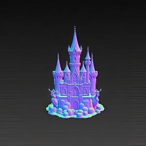 K&ouml;nnte beinhalten: Ein 3D-gerendertes Schloss in Lila-, Blau- und Rosat&ouml;nen, vor einem dunkelgrauen Hintergrund. Das Schloss verf&uuml;gt &uuml;ber mehrere T&uuml;rme und architektonische Details mit einem stilisierten Sockel. Das Bild hat eine lebendige, fast neonfarbene Farbpalette.