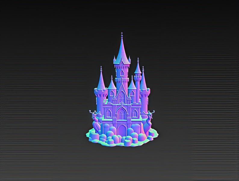 K&ouml;nnte beinhalten: Ein 3D-gerendertes Schloss in Lila-, Blau- und Rosat&ouml;nen, vor einem dunkelgrauen Hintergrund. Das Schloss verf&uuml;gt &uuml;ber mehrere T&uuml;rme und architektonische Details mit einem stilisierten Sockel. Das Bild hat eine lebendige, fast neonfarbene Farbpalette.