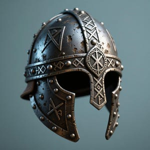 Op de afbeelding: Een verweerde metalen Vikinghelm met ingewikkelde reliëfpatronen en klinknagels. De helm heeft een voorhoofdbeschermer en wangplaten, die het ontwerp van oude Noorse ambachtskunst weerspiegelen. De kleur is een donker, verouderd metaal met zichtbare gebruikssporen.