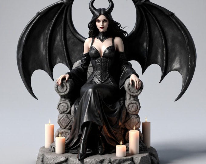 Demon Queen on Throne STL – Dark Fantasy Winged Female Statue for 3D Printing, Gothic Collectible Model