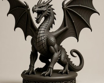 May include: A detailed, dark grey dragon statue with outstretched wings and an open mouth, perched on a decorative base. The dragon features intricate scales, horns, and claws, showcasing a fantasy theme. The base has an ornate, swirling pattern.
