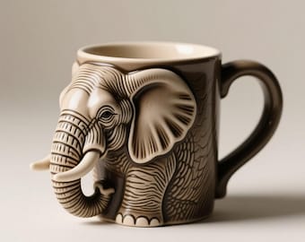 Puede incluir: Una taza de cerámica marrón con un diseño detallado de elefante. La taza presenta una cabeza de elefante esculpida en la parte delantera, con colmillos, orejas y piel texturizada. El asa tiene forma curva y el interior es de color beige claro.
