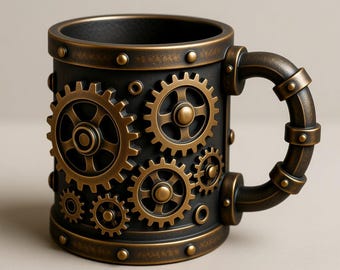 May include: A black and bronze steampunk-style coffee mug. The mug features bronze-coloured gears of various sizes arranged on the black surface. The handle and rim are also bronze, with rivet details. A unique and decorative drinkware item.