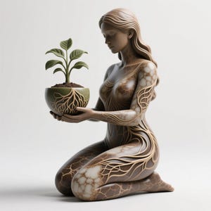 Peut inclure: Sculpture marron et beige d'une figure agenouillée tenant une plante en pot verte et marron. Le corps de la figure est orné de motifs en forme de veines. La plante a des feuilles vertes et de la terre brune.