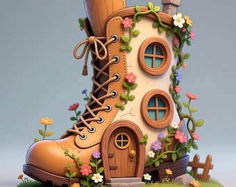 May include: A whimsical illustration of a boot-shaped house. The tan leather boot features a wooden door, round windows, and a chimney with smoke. Colorful flowers and vines decorate the exterior, creating a charming fairy tale aesthetic.