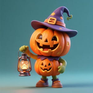 Peut inclure: Un personnage de citrouille de dessin animé avec un visage sculpté, portant un chapeau de sorcière violet avec des étoiles dorées et une boucle. La citrouille tient une lanterne avec une ampoule allumée, et porte des chaussures marron. Thème d'Halloween.