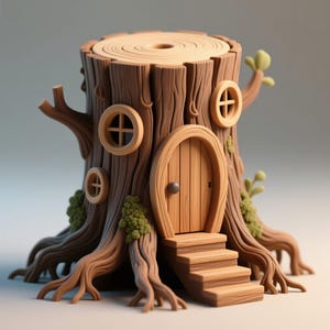 Puede incluir: Una casa caprichosa de tocón de árbol marrón claro con una puerta redonda, pequeñas ventanas redondas y una escalera. El tocón del árbol tiene una apariencia de corteza texturizada, con ramas y acentos de follaje verde. La casa está diseñada con una estética de cuento de hadas.